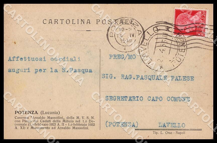 Potenza Città Caserma Arnaldo Mussolini Milizia Volontaria cartolina GM1117 – retro