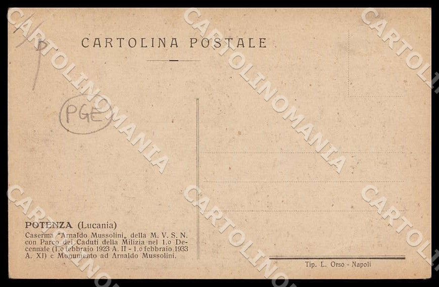 Potenza Città Caserma Arnaldo Mussolini Parco Caduti PIEGHINE cartolina GM1120 – retro
