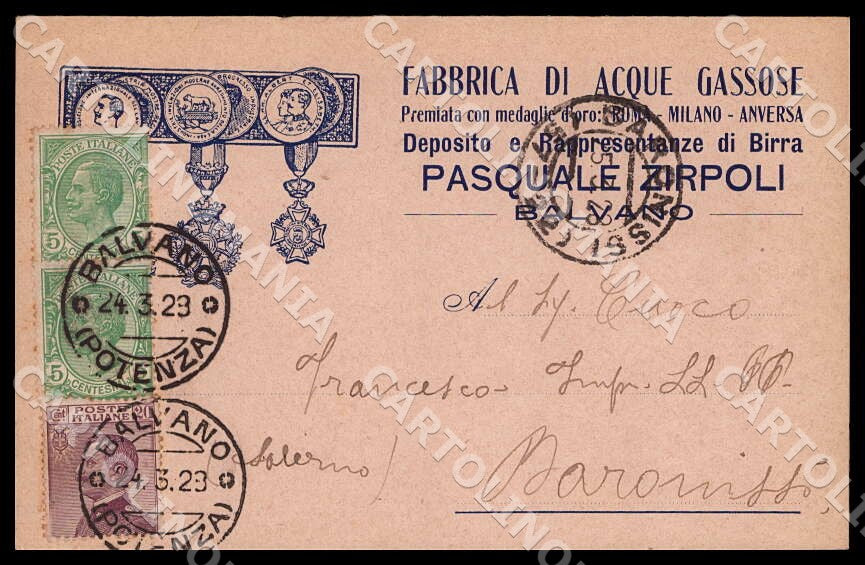 Potenza Balvano Fabbrica Acque Gassose Premiata medaglie oro cartolina GM1178 – fronte