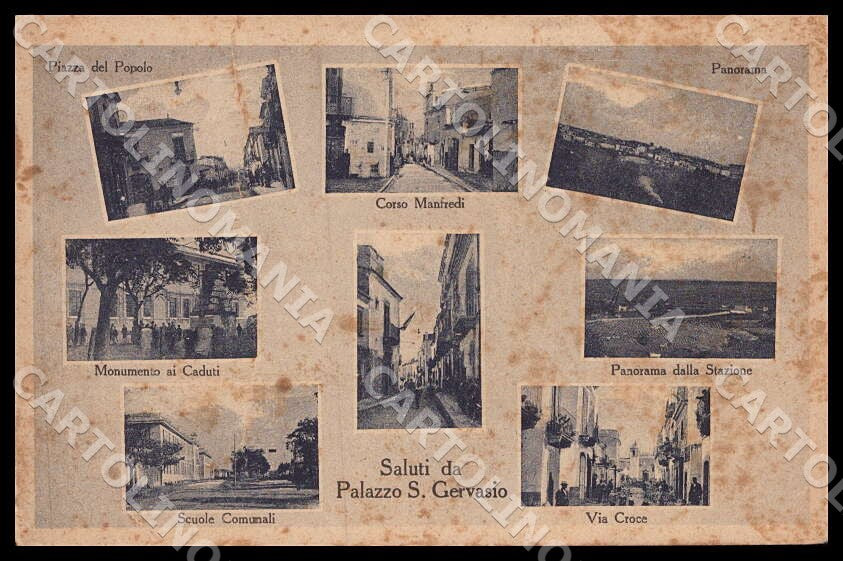 Potenza Palazzo San Gervasio Piazza Popolo PIEGATA MACCHIE cartolina GM1231 – fronte