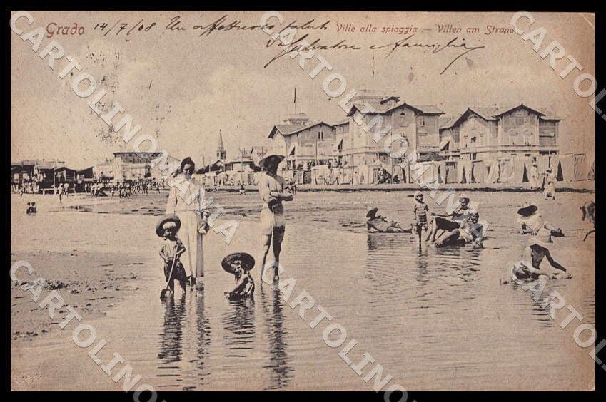 Gorizia Grado Ville alla Spiaggia PIEGHINA cartolina GM1257 – fronte