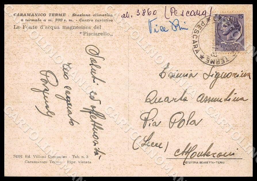 Pescara Caramanico Terme Stazione Climatica Termale FG cartolina GM1321 – retro