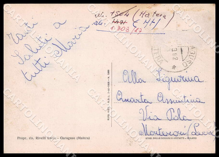 Matera Garaguso Villa Comunale FG cartolina GM1374 – retro