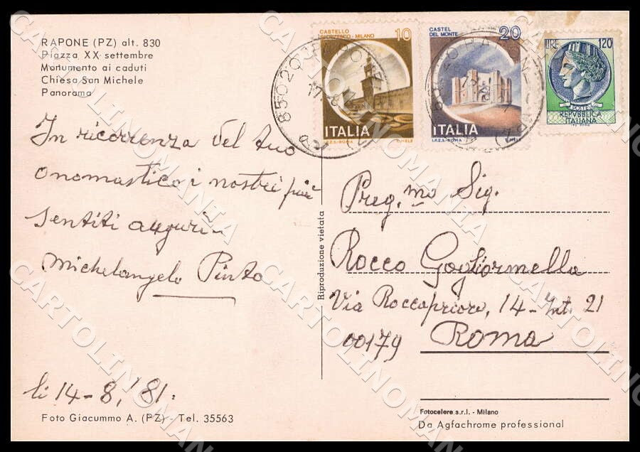 Potenza Rapone Saluti da Piazza XX settembre Monumento FG cartolina GM1859 – retro