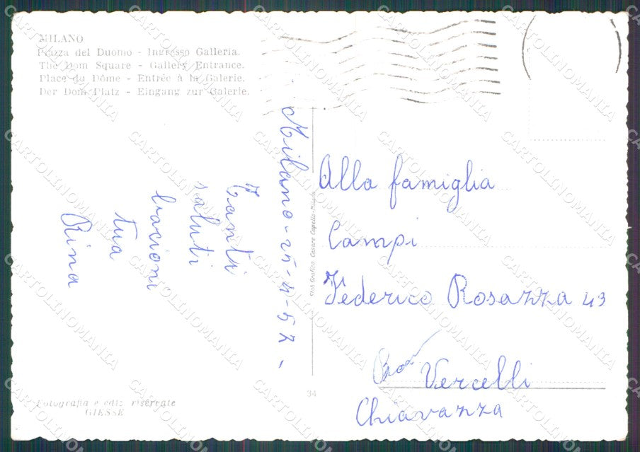Milano Città Galleria Vittorio Emanuele Auto FG Foto cartolina HB4950 – retro