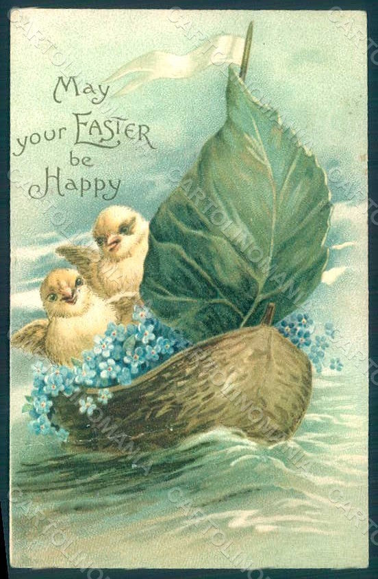 Greetings Easter Chick Myosotis CREASED postcard HR0008 – fronte