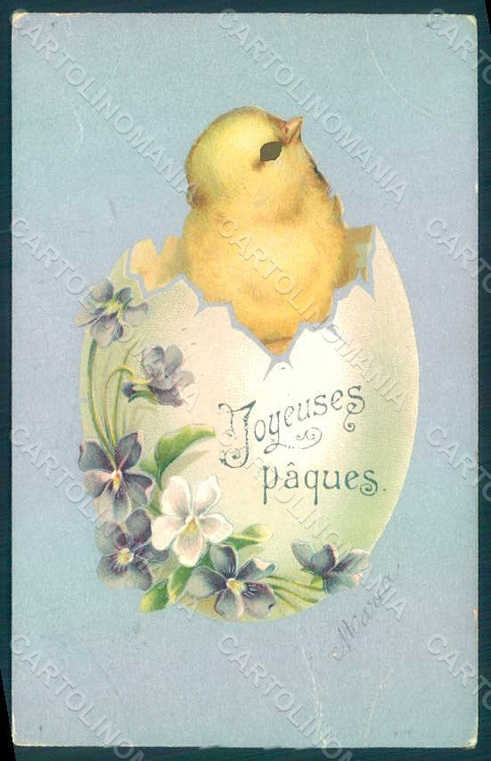 Greetings Easter Chick Egg Violets Kopal 605 WRINKLES postcard HR0009 – fronte