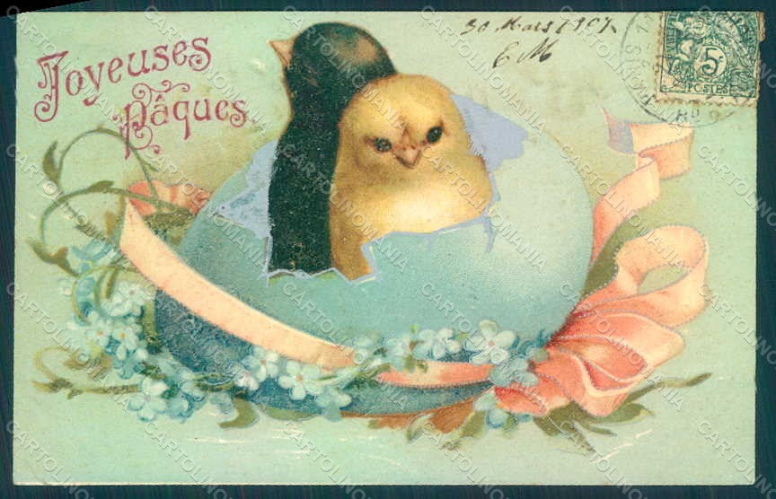 Greetings Easter Chick Egg Myosotis Kopal 608 WRINKLES postcard HR0010 – fronte