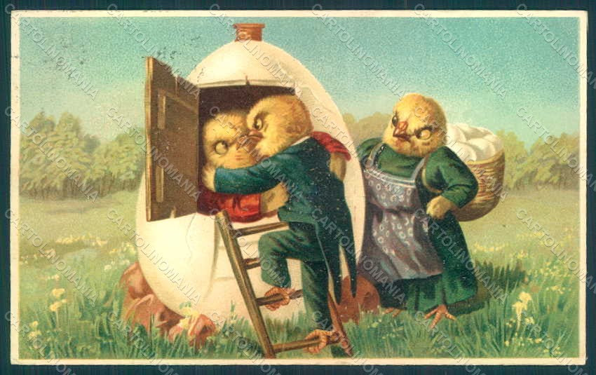Greetings Easter Anthropomorphic Dressed Chick Egg postcard HR0014 – fronte