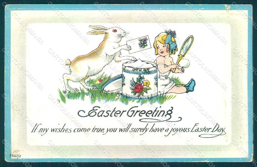 Greetings Easter Girl Make Up Puff Hare serie 2607-2 TEARED postcard HR0020 – fronte