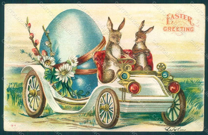 Greetings Easter Anthropomorphic Hare Car Egg postcard HR0022 – fronte