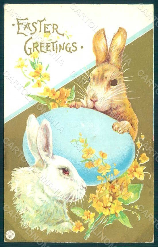 Greetings Easter Rabbit Egg Relief CREASED postcard HR0023 – fronte