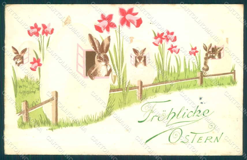 Greetings Easter Anthropomorphic Hare Egg Relief postcard HR0024 – fronte