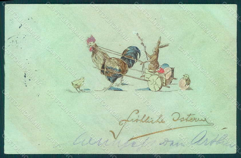 Greetings Easter Anthropomorphic Hare Rooster B.K.W.I. 4608 Relief pc HR0026 – fronte