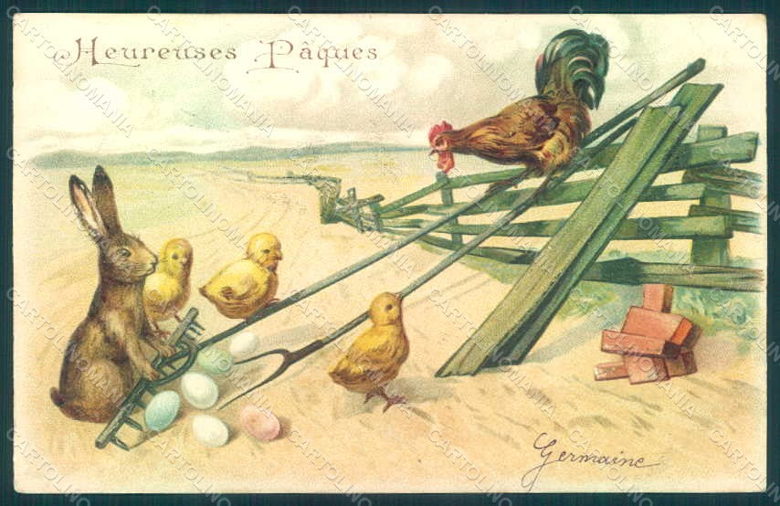 Greetings Easter Hare Rooster Chick Relief postcard HR0027 – fronte