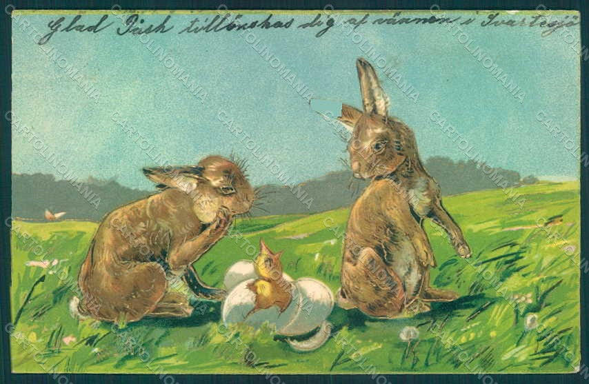 Greetings Easter Hare Chick Relief CORNER CREASED postcard HR0028 – fronte
