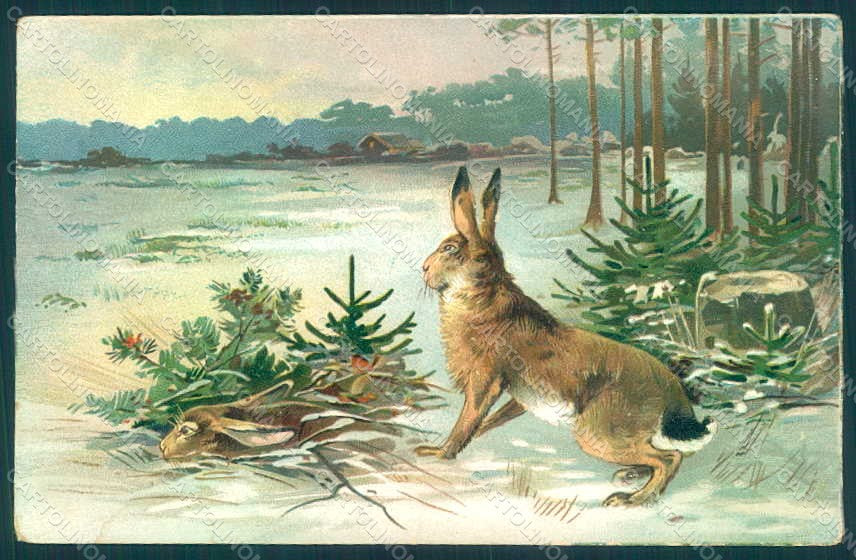 Greetings Easter Hare Winter Landscape Relief TEARED postcard HR0029 – fronte