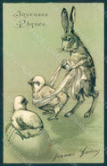 Greetings Easter Anthropomorphic Hare Chick Egg Relief postcard HR0032 – fronte