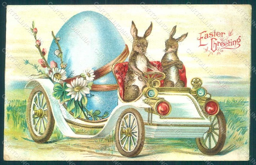 Greetings Easter Anthropomorphic Hare Car Egg Relief postcard HR0038 – fronte