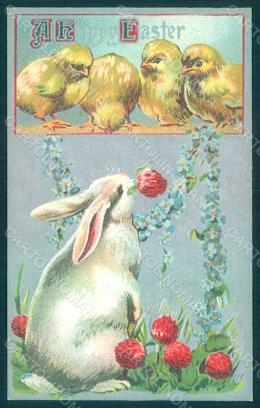 Greetings Easter Chick Rabbit serie 5122 Relief postcard HR0043 – fronte