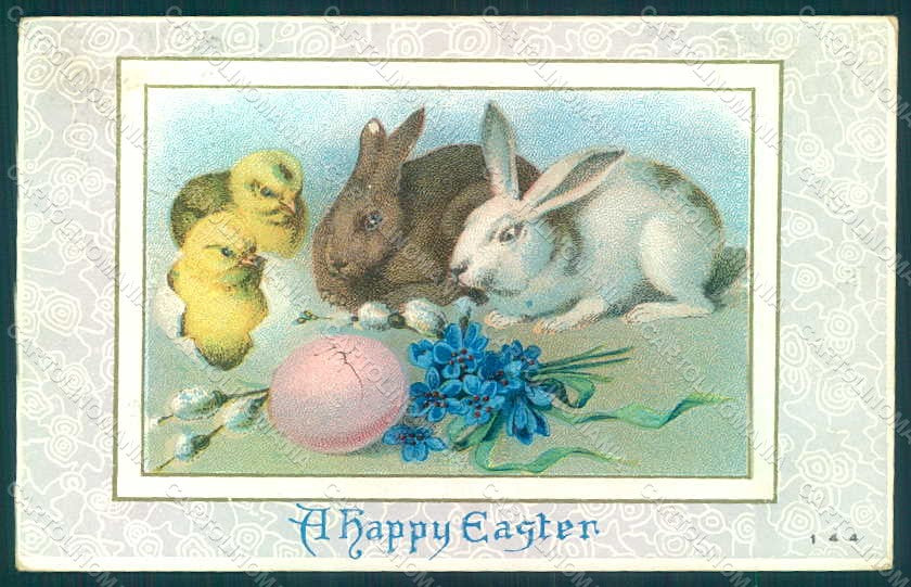 Greetings Easter Chick Rabbit serie 144 Relief postcard HR0046 – fronte