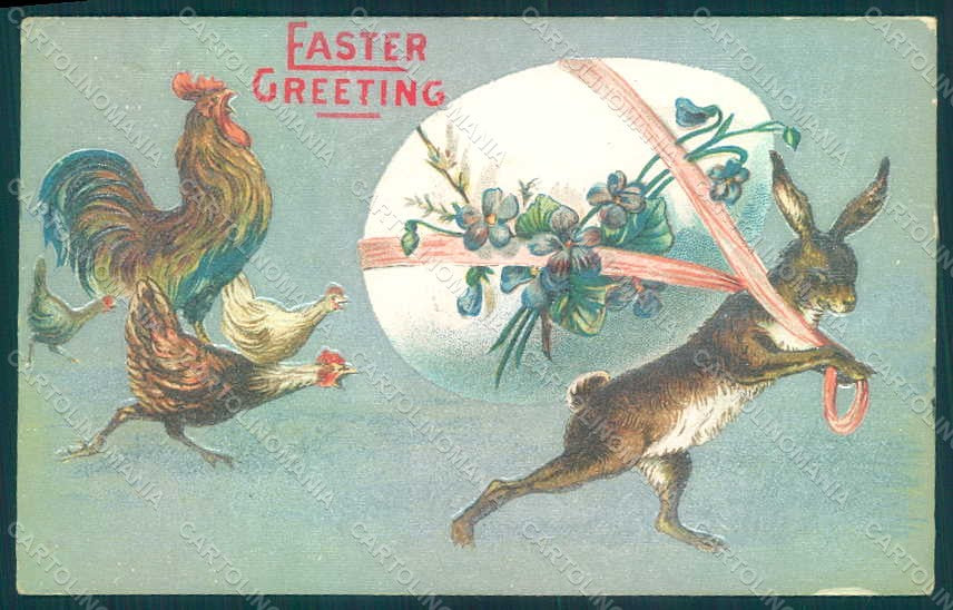 Greetings Easter Anthropomorphic Rooster Hen Hare Egg Violets Relief pc HR0048 – fronte