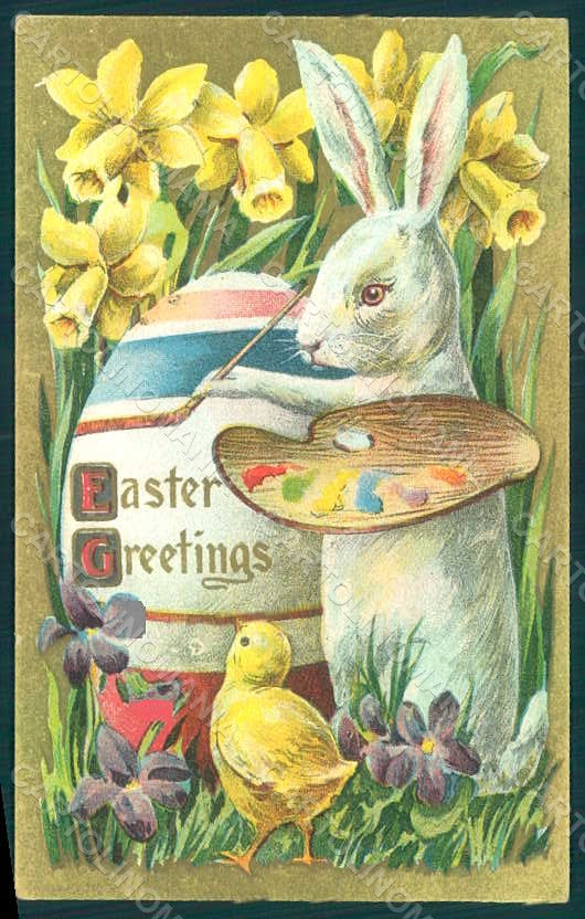 Greetings Easter Anthropomorphic Chick Rabbit Flower Relief ABRADED pc HR0051 – fronte