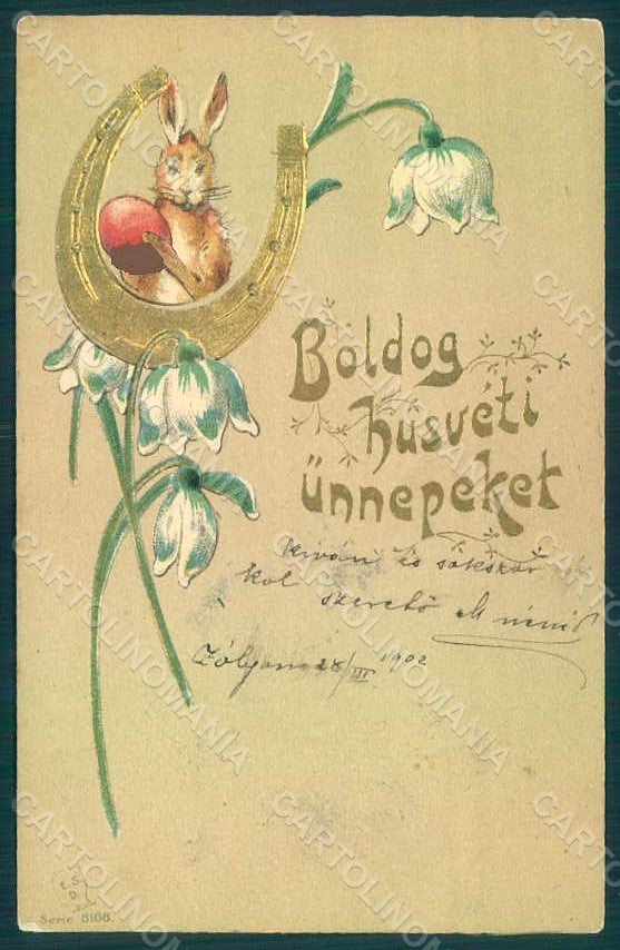 Greetings Easter Hare Horseshoe Egg serie 8108 Relief postcard HR0053 – fronte