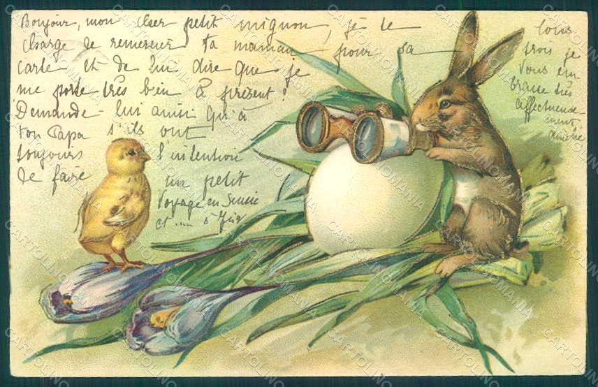 Greetings Easter Anthropomorphic Hare Chick Egg Relief UNGLUED postcard HR0054 – fronte
