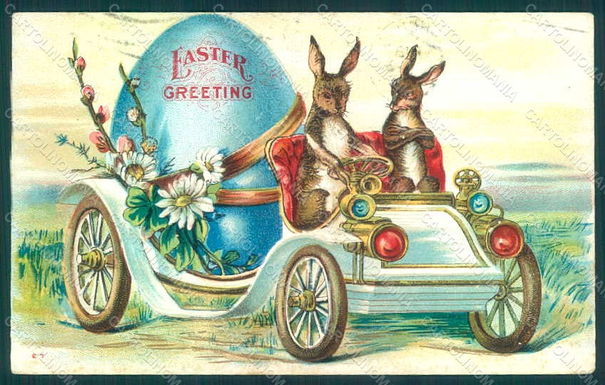 Greetings Easter Anthropomorphic Hare Car Egg serie E7 Relief postcard HR0059 – fronte