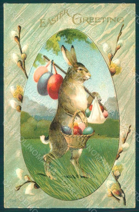 Greetings Easter Anthropomorphic Hare Egg Relief CREASED postcard HR0062 – fronte