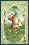 Greetings Easter Anthropomorphic Hare Egg Relief CREASED postcard HR0062 – fronte