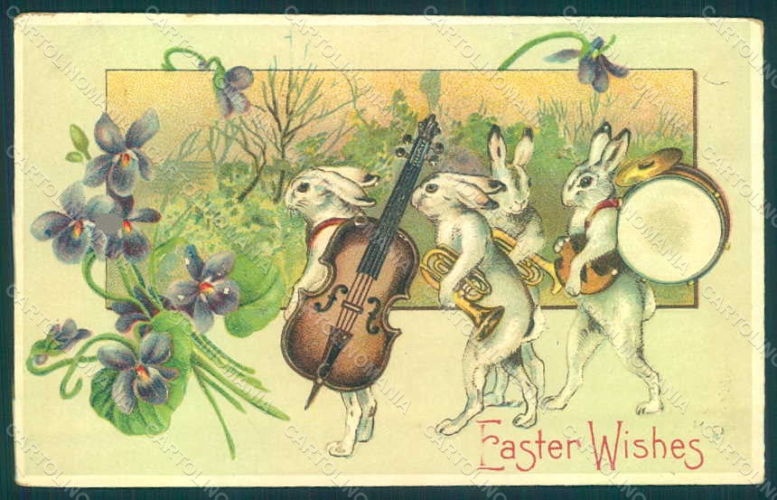 Greetings Easter Anthropomorphic Hare Violets Music Band Viola Relief pc HR0065 – fronte