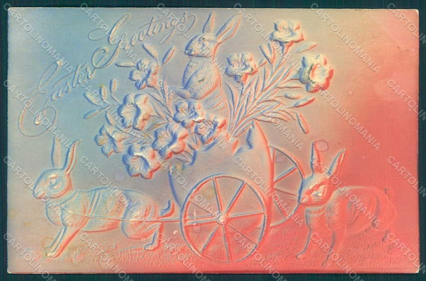 Greetings Easter Anthropomorphic Hare Rabbit Egg Flower Relief postcard HR0066 – fronte