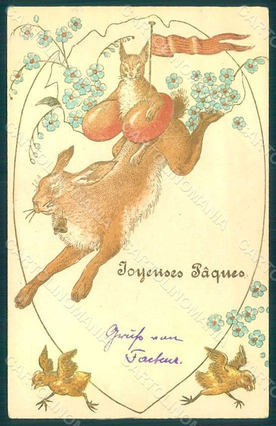 Greetings Easter Anthropomorphic Hare Rabbit Chick Egg Myosotis Relief pc HR0067 – fronte