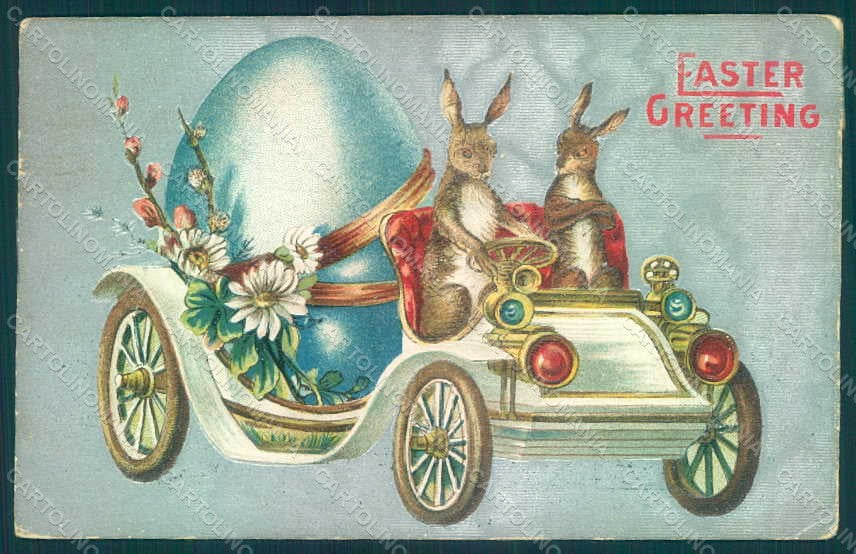 Greetings Easter Anthropomorphic Hare Car Egg Relief WRINKLES postcard HR0068 – fronte
