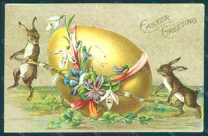 Greetings Easter Anthropomorphic Hare Egg Flower Relief postcard HR0070 – fronte