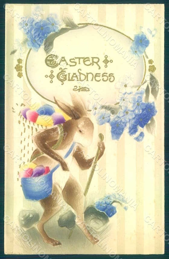 Greetings Easter Anthropomorphic Hare Egg Myosotis Relief postcard HR0071 – fronte