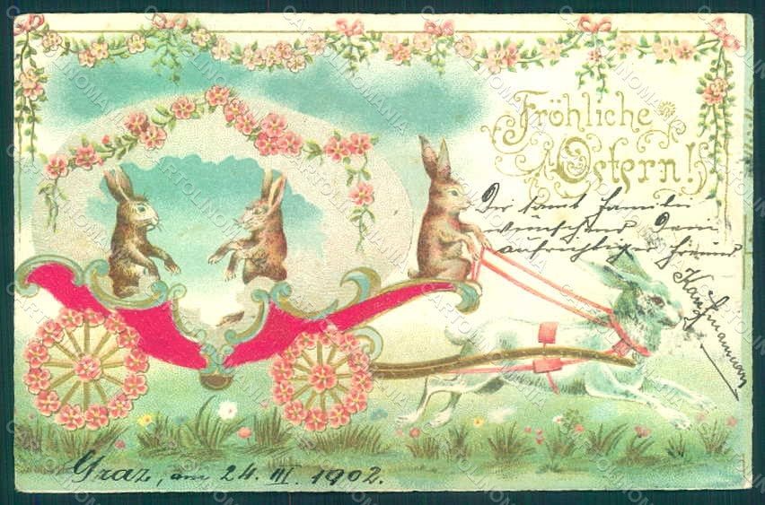 Greetings Easter Anthropomorphic Hare Rabbit Egg Silk Relief postcard HR0072 – fronte