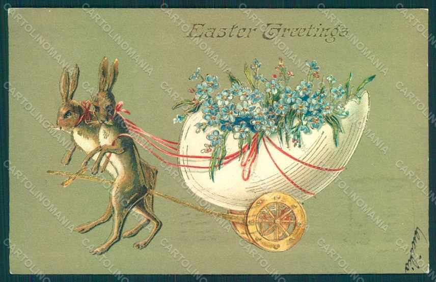 Greetings Easter Anthropomorphic Hare Egg Myosotis Relief postcard HR0075 – fronte