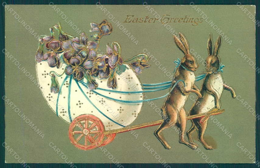 Greetings Easter Anthropomorphic Hare Egg Violets Relief postcard HR0076 – fronte