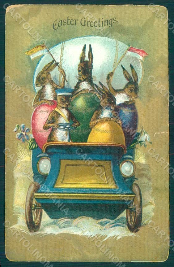Greetings Easter Anthropomorphic Hare Car Egg Relief TEARED WRINKLES pc HR0077 – fronte