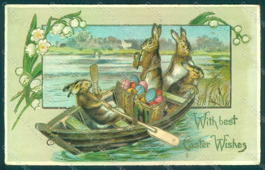 Greetings Easter Anthropomorphic Hare Boat Egg Lily Relief postcard HR0079 – fronte