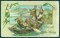 Greetings Easter Anthropomorphic Hare Boat Egg Lily Relief postcard HR0079 – fronte