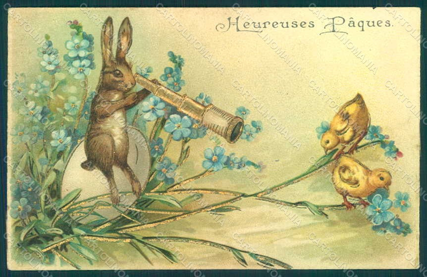 Greetings Easter Anthropomorphic Hare Chick Egg Myosotis Relief postcard HR0085 – fronte