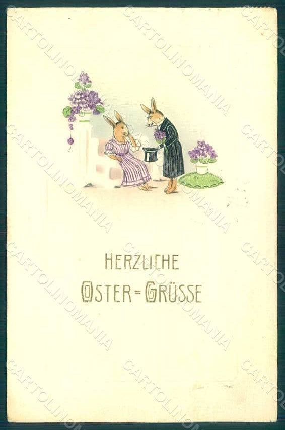 Greetings Easter Anthropomorphic Dressed Hare Rabbit Violets Relief pc HR0086 – fronte
