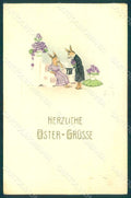Greetings Easter Anthropomorphic Dressed Hare Rabbit Violets Relief pc HR0086 – fronte
