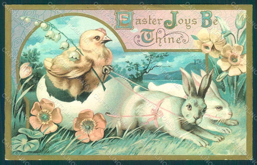 Greetings Easter Anthropomorphic Hare Chick Egg serie 155 Relief postcard HR0090 – fronte