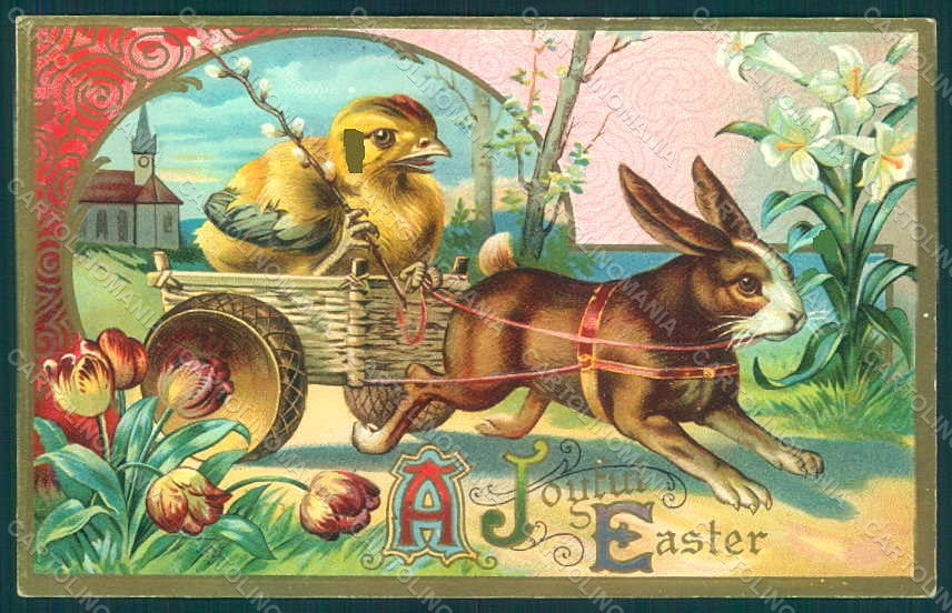 Greetings Easter Anthropomorphic Hare Chick Egg serie 147 Relief postcard HR0091 – fronte