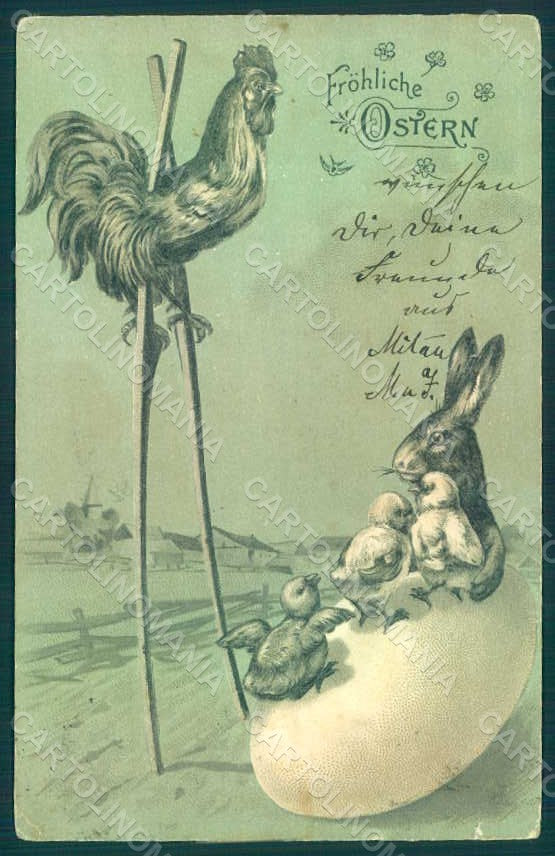 Greetings Easter Anthropomorphic Hare Chick Rooster Egg TEAR WRINKLES pc HR0093 – fronte